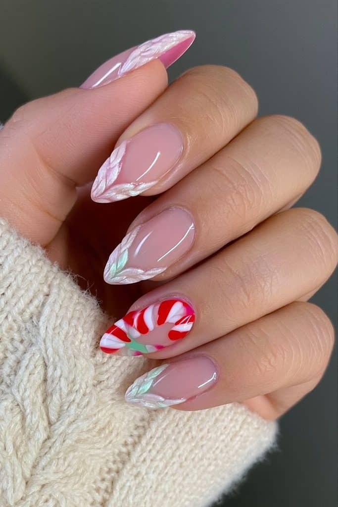 Ivory cable knit tips with red and white candy cane accents