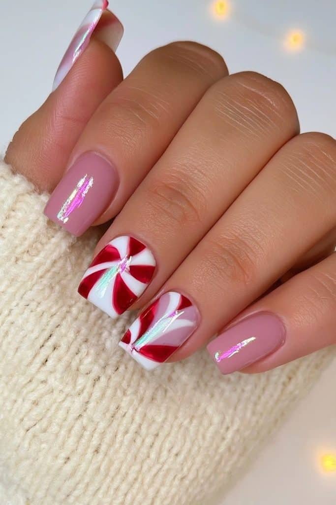 Short nails with neat red and white candy cane stripes
