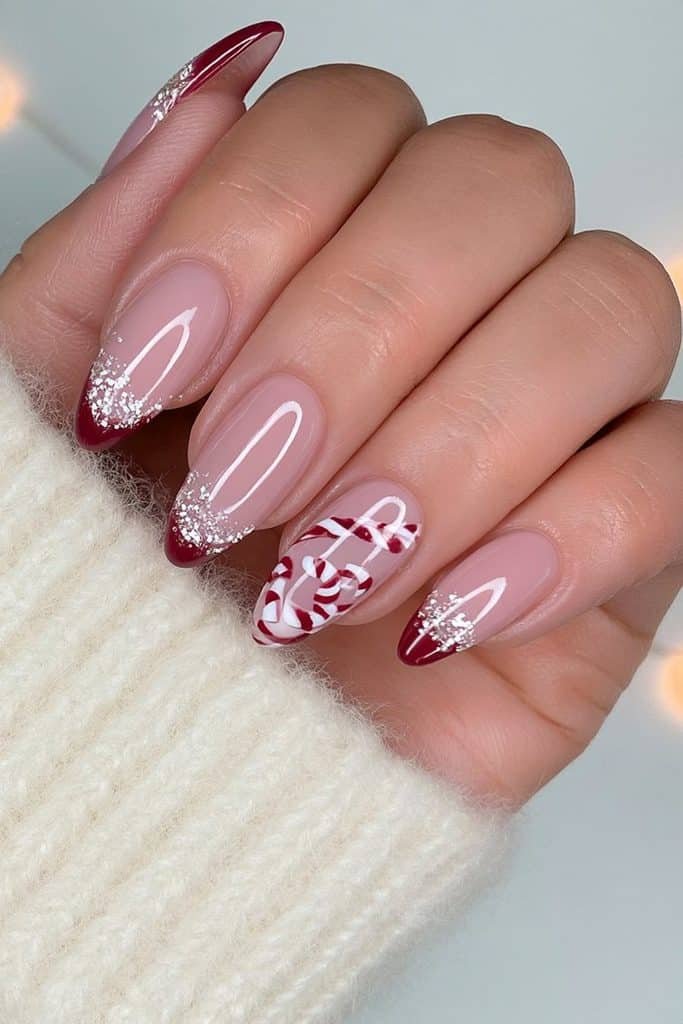 Red and white candy cane striped almond press-on nails