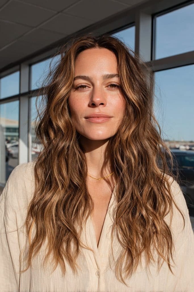 Chai latte balayage with creamy beige, caramel and mocha ribbons
