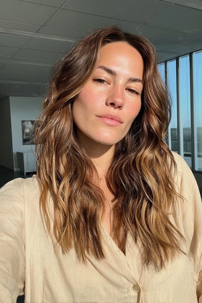 Chai latte balayage with beige, caramel and mocha ribbons