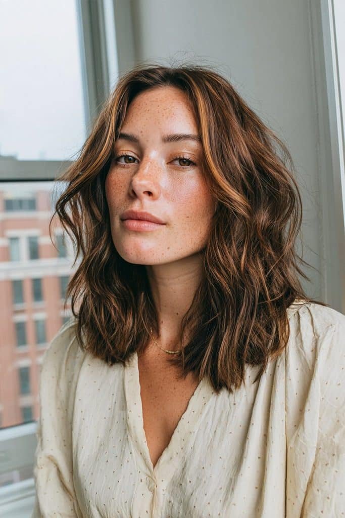 Chai latte brunette hair with caramel face-framing highlights