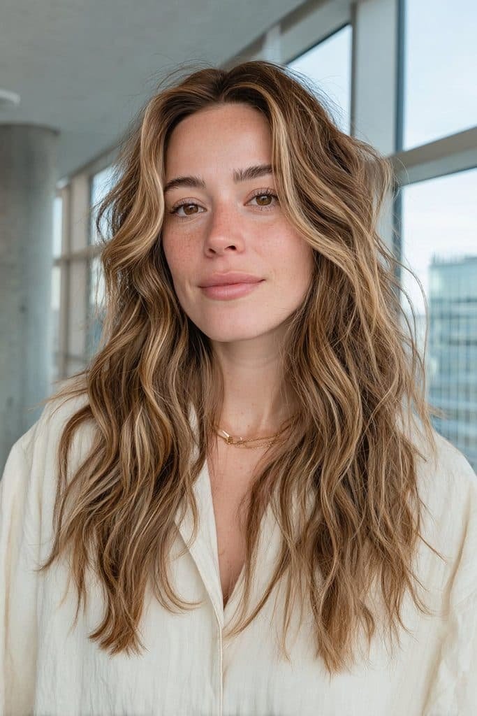 Chai latte hair with creamy beige-blonde money piece highlights