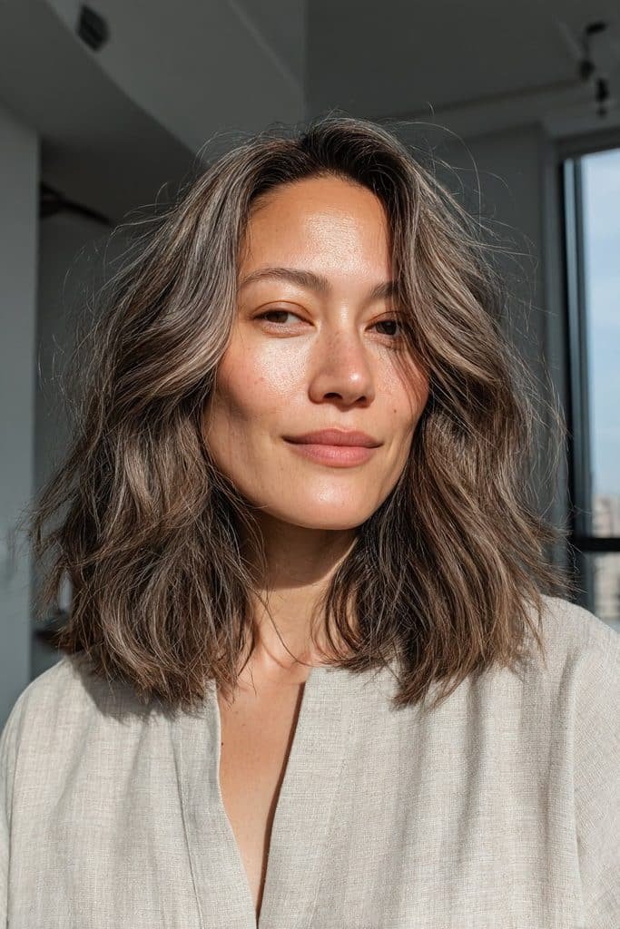 Chai latte hair blended with natural grey and silver strands