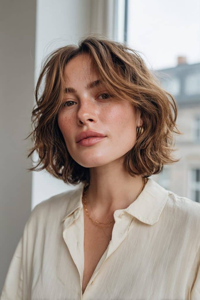 Short layered hair in dimensional chai latte tones