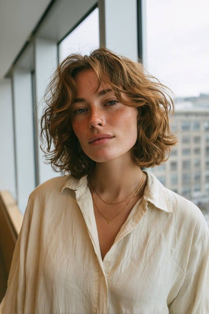 Layered chai latte bob with warm beige brown and creamy caramel tones