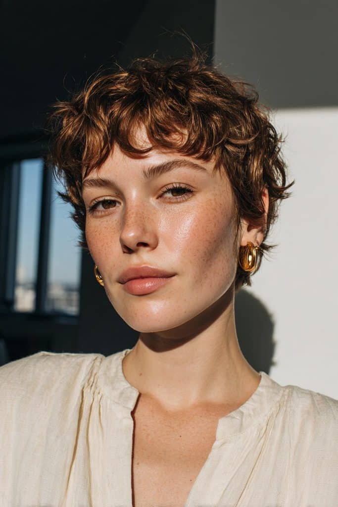 Chai latte pixie cut with creamy beige brown and caramel highlights