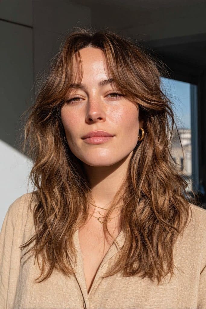 Chai latte hair with creamy caramel face-framing highlights
