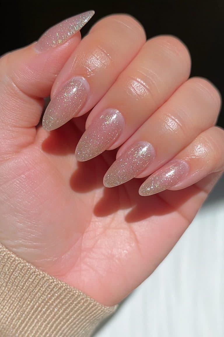 Champagne gold glitter almond nails with luminous sparkle
