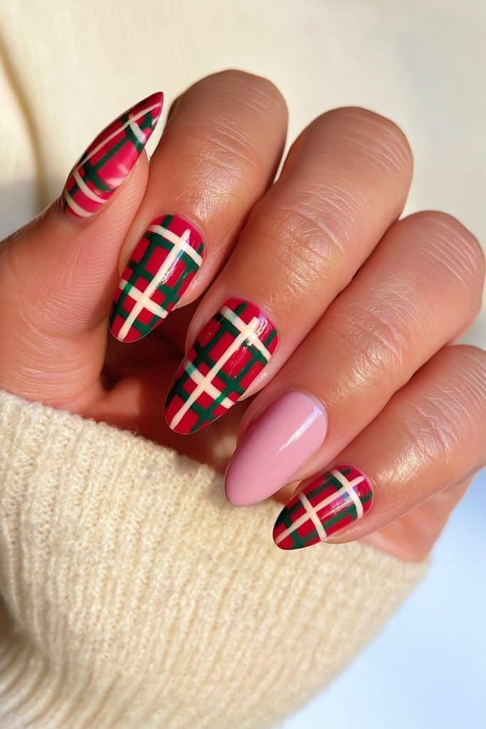 Red and green checkerboard almond nails