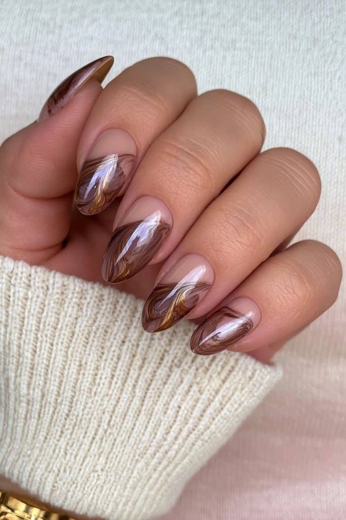 Creamy beige and chocolate marble swirl nails