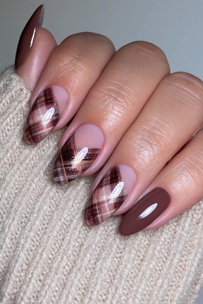 Chocolate brown plaid nails with caramel and cream lines