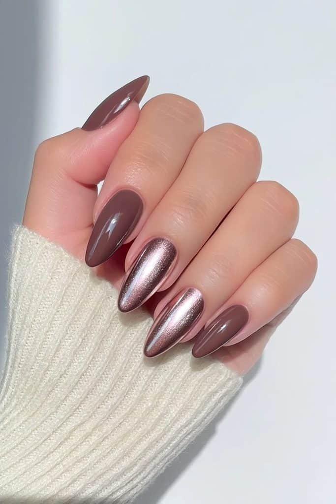 Chocolate brown nails with champagne chrome accents