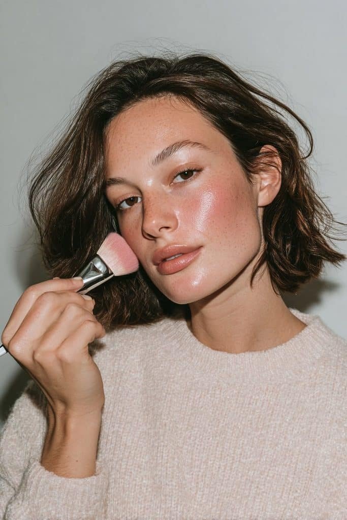 Young woman applying cool-toned berry pink blush
