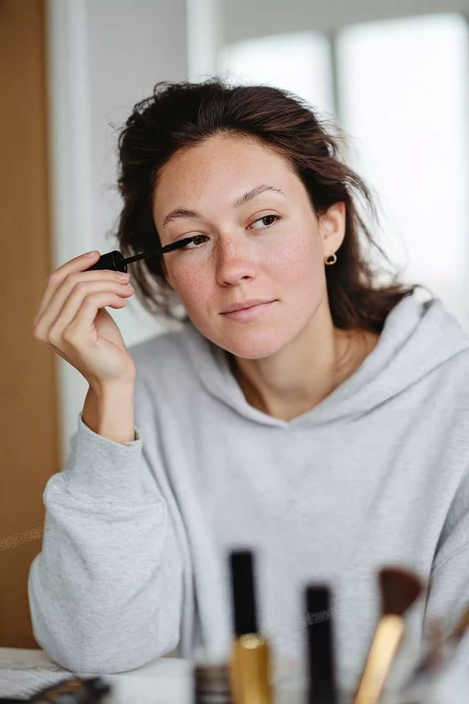 Young woman applying lengthening mascara for separated natural lashes