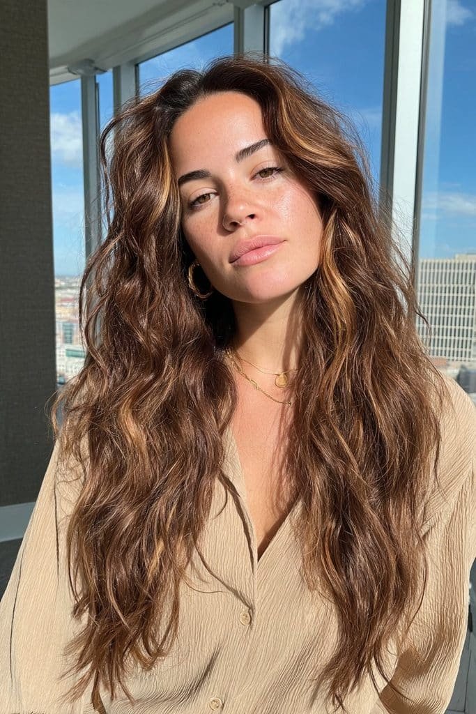 Chai latte brunette hair with cinnamon highlights