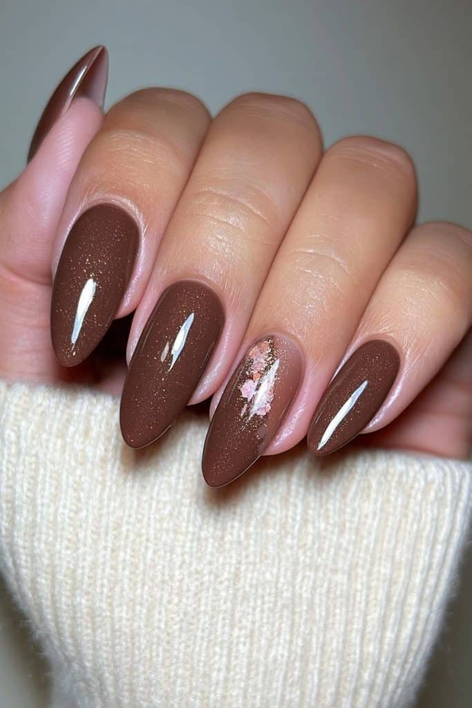 Chocolate brown nails with cinnamon shimmer accents