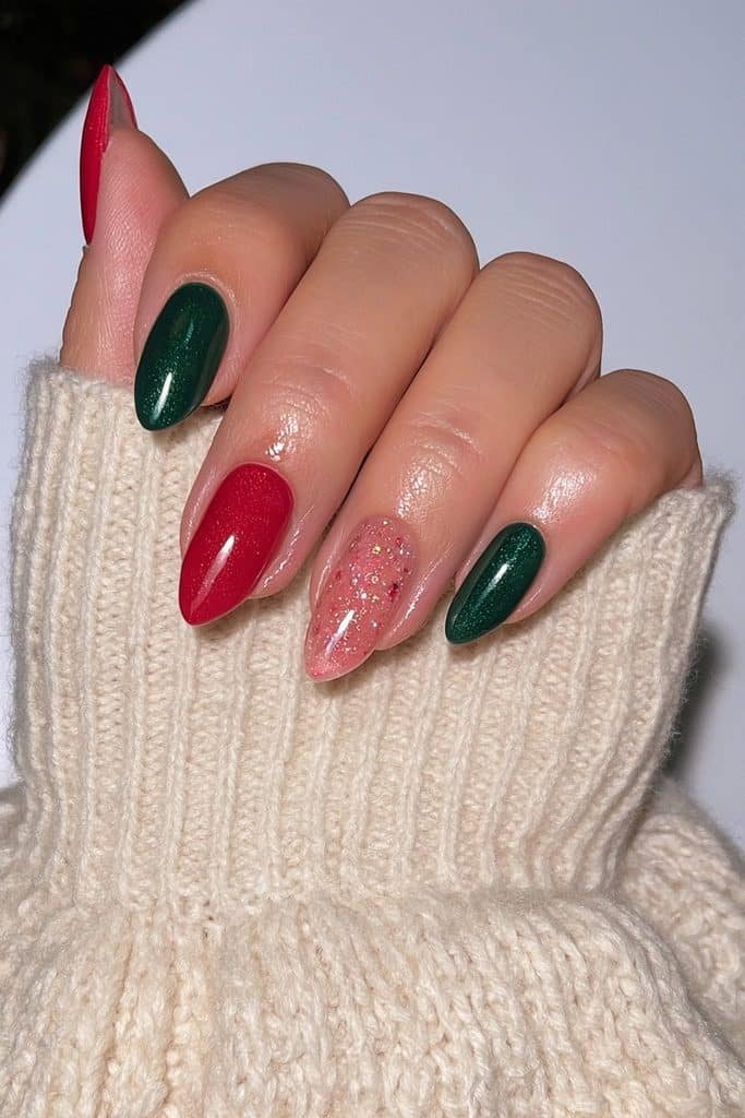 Classic alternating red and green almond nails