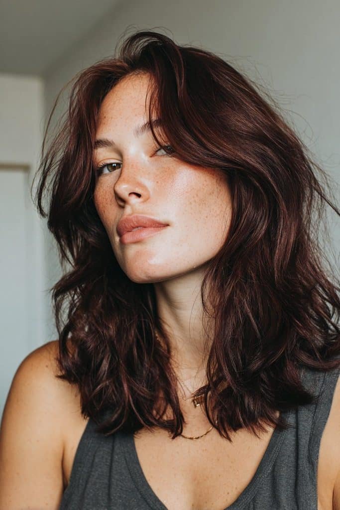 Classic black cherry hair with deep brunette roots and rich cherry-red undertones