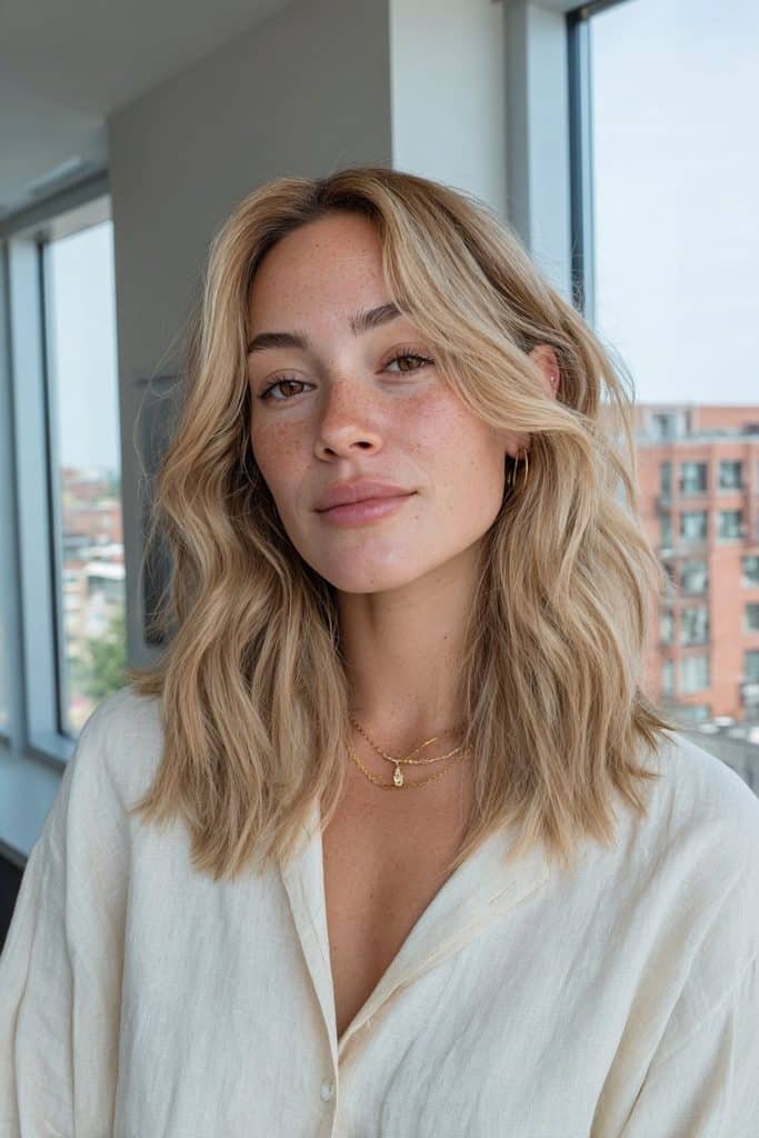 Classic chai latte blonde hair with creamy beige and caramel tones