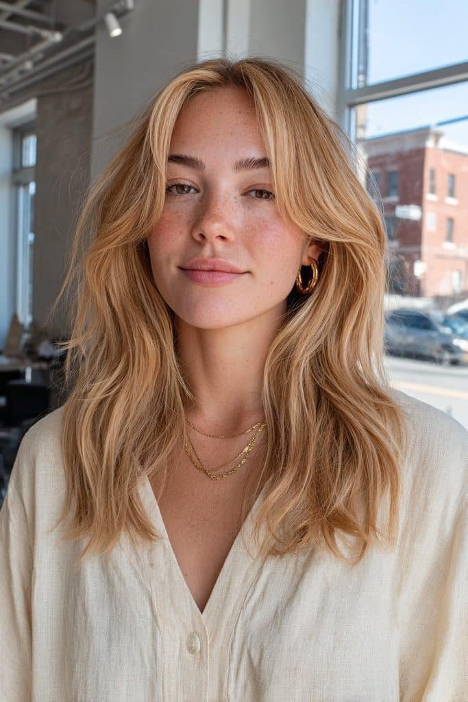 Classic chai latte blonde hair with creamy beige and caramel tones