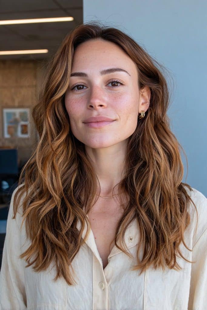 Classic maple brown balayage with caramel and amber ribbons