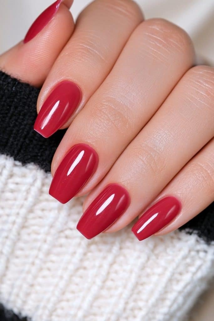 Classic cherry red coffin nails with glossy shine