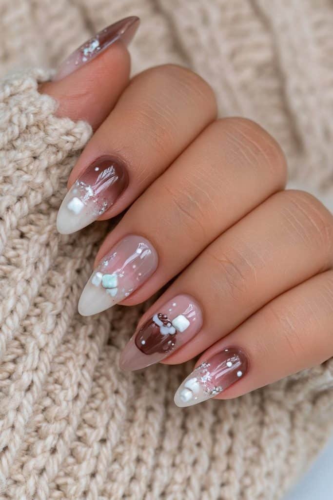 Cocoa nails with tiny hot chocolate mug accents