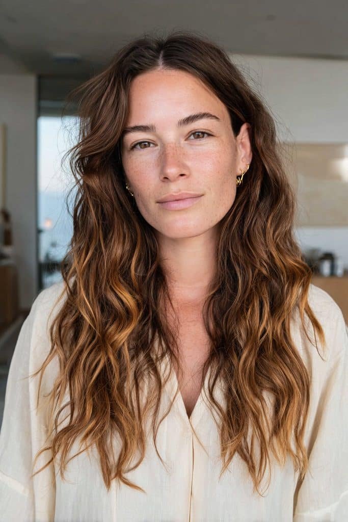 Cocoa-to-toffee ombré with dark roots and creamy caramel ends