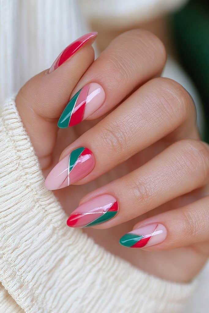 Geometric red and green color-blocked nails