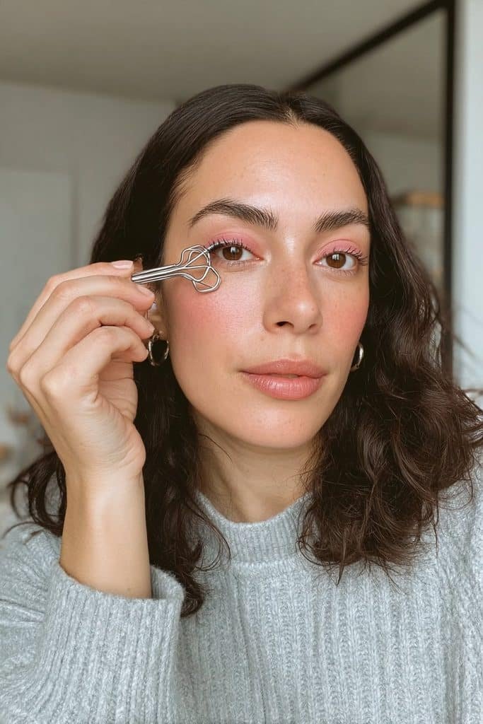 Young woman curling her lashes before applying mascara