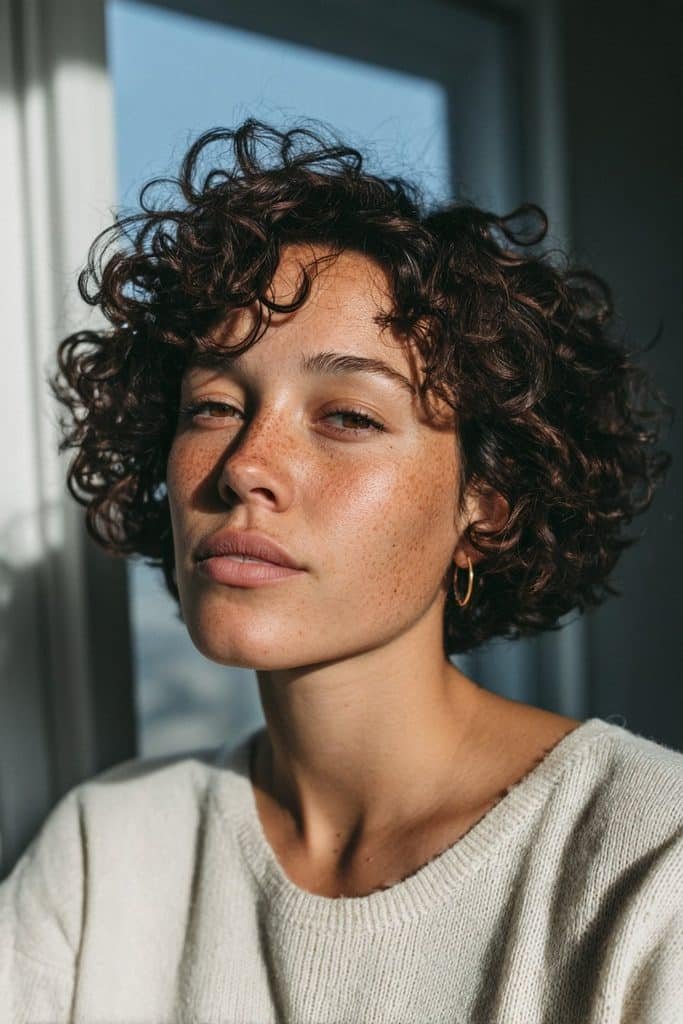 Curly pixie bob with graduated layers and natural curl definition