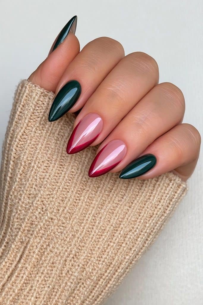Deep forest green and cherry red luxury nails