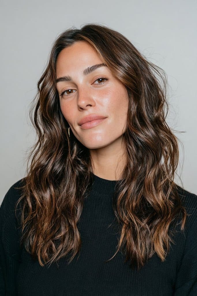 Espresso balayage with deep brunette roots and subtle mocha-brown ribbons