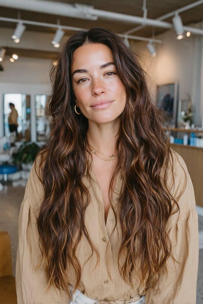 Espresso hair with softly blended warm caramel highlights
