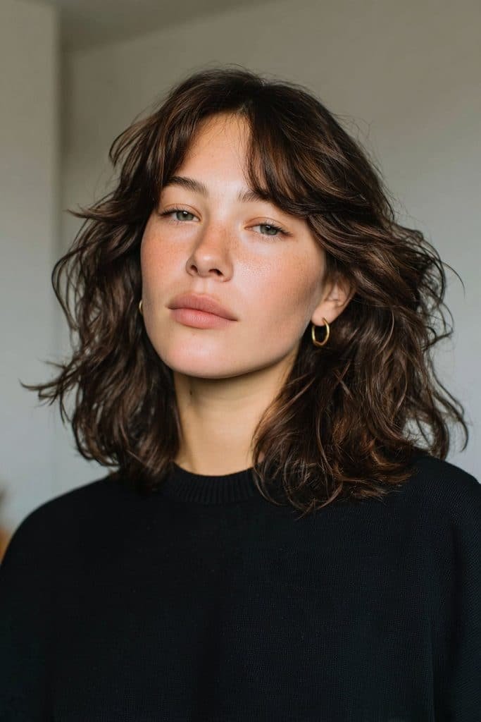 Deep espresso hair with delicate caramel face-framing highlights
