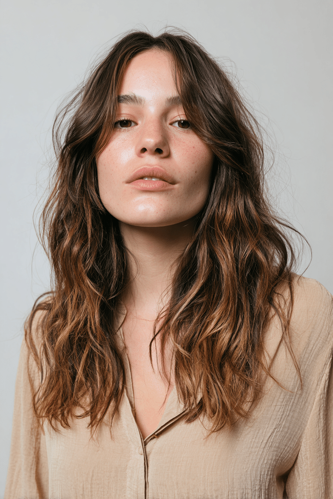 Espresso ombré fading from dark roots to softly lightened caramel-brown ends
