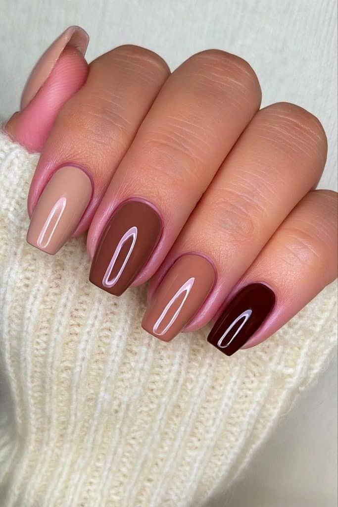 Five shades of brown in a glossy almond manicure