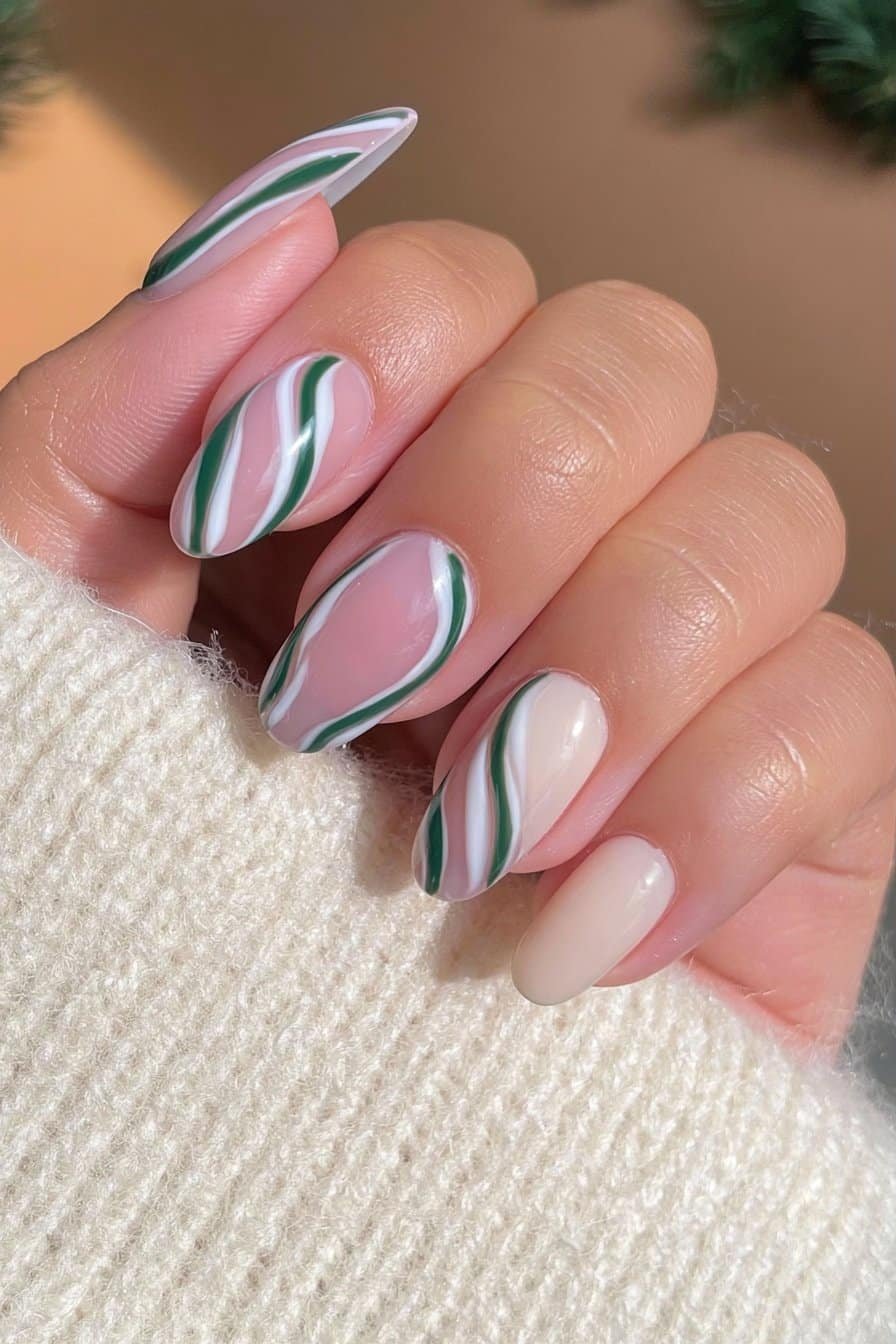Forest green and white candy cane striped nails