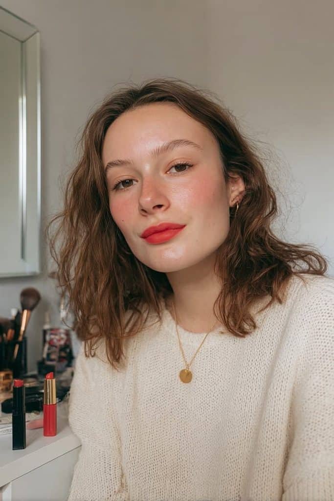 Young woman applying sheer berry lip balm for a winter makeup look