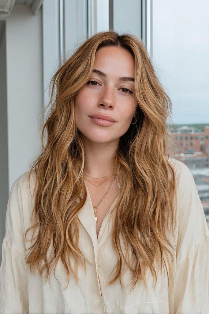 Golden chai latte hair with honey, beige and soft caramel tones