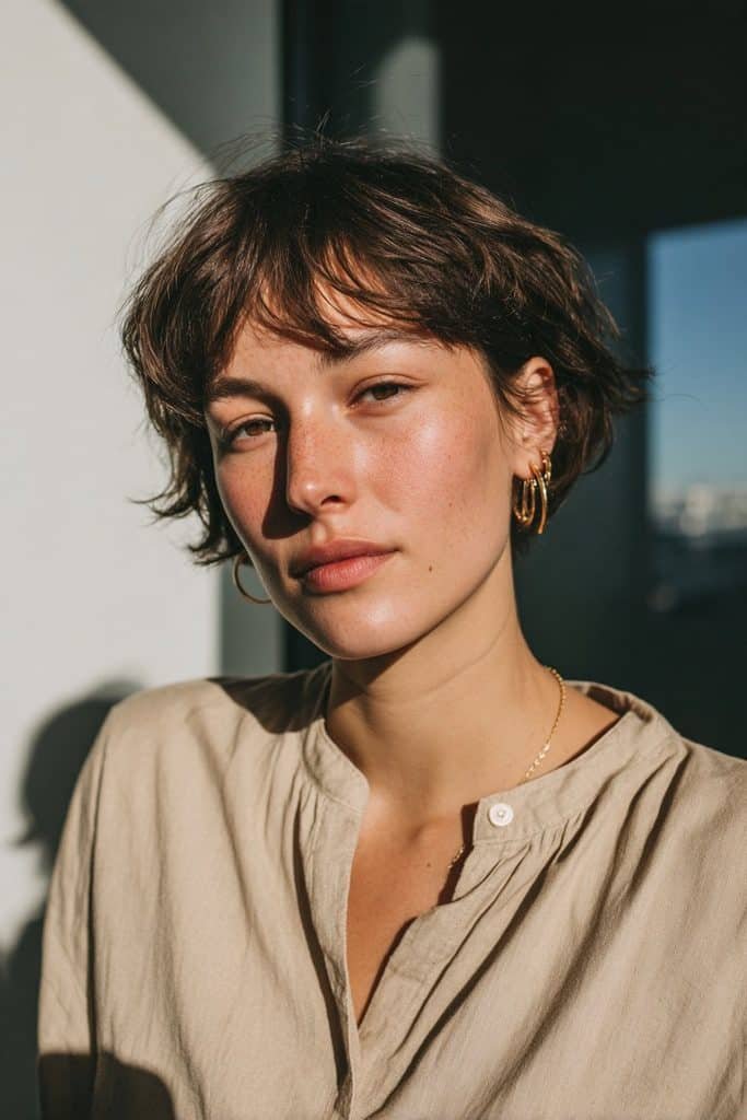 Graduated pixie bob with stacked layers and longer front sections