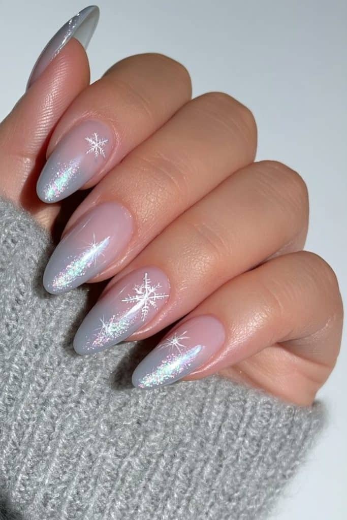 Dove-gray nails with minimalist white snowflakes