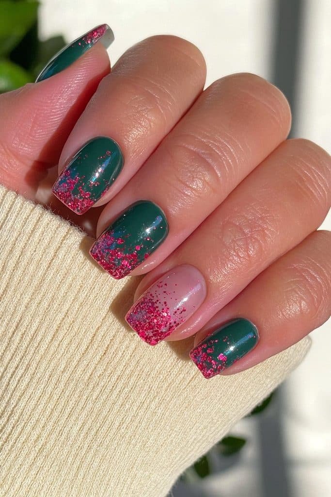 Forest green nails with red glitter-dipped tips