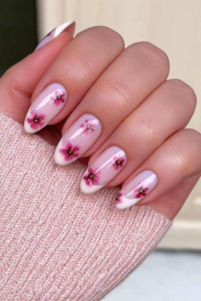 Nude nails with hand-painted cranberry florals