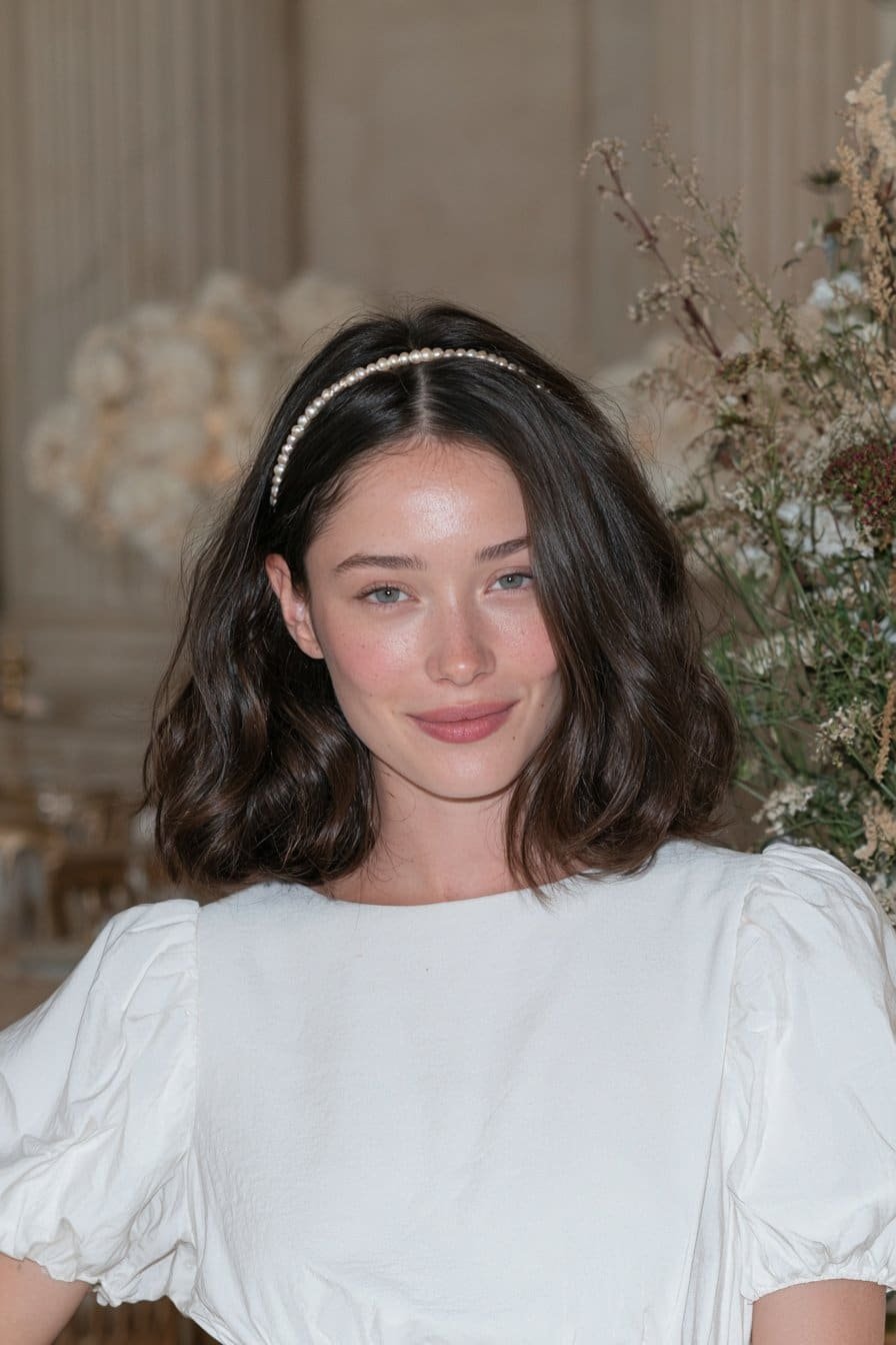 Young woman with a pearl headband and loose shoulder-length waves