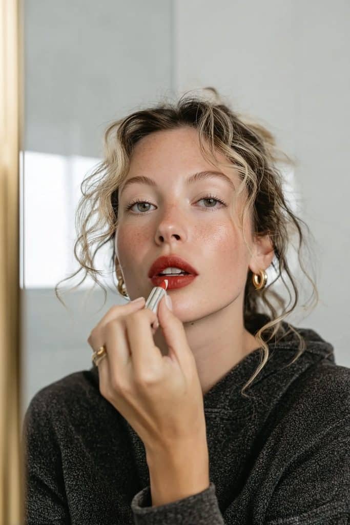 Young woman applying pearly highlighter to her cupid's bow