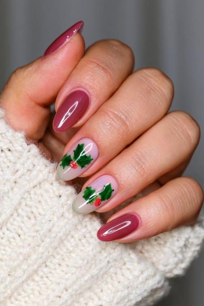 Cranberry nails with green holly leaf accents