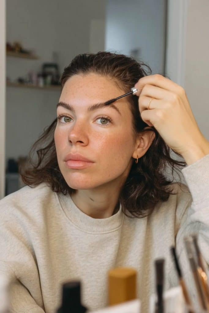 Young woman brushing her eyebrows upward for fluffy brows