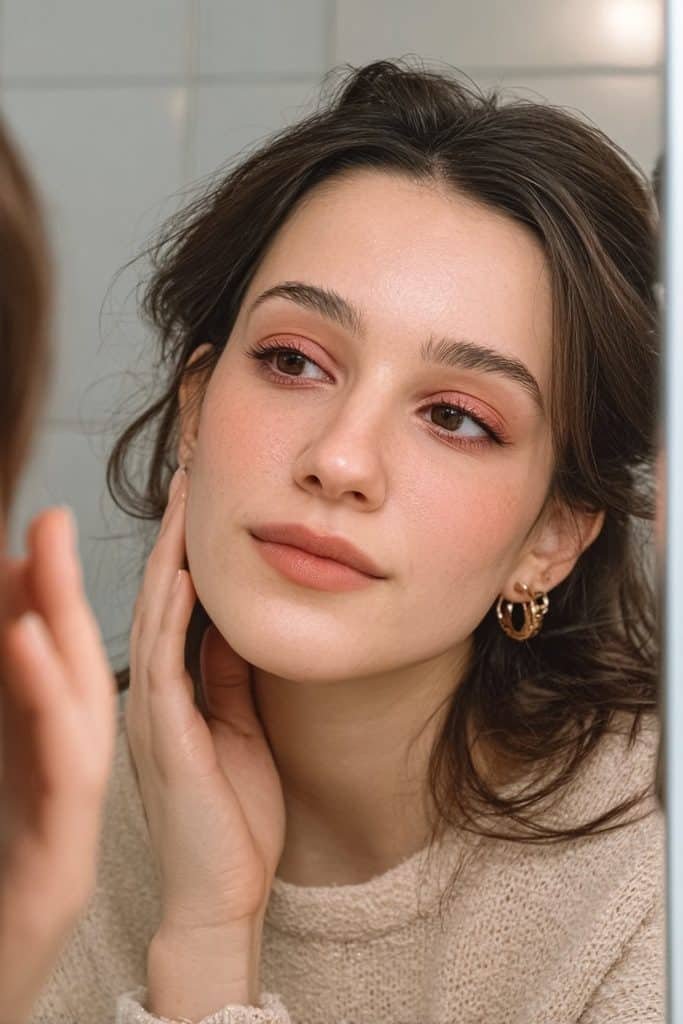 Young woman admiring her effortless fresh winter makeup look